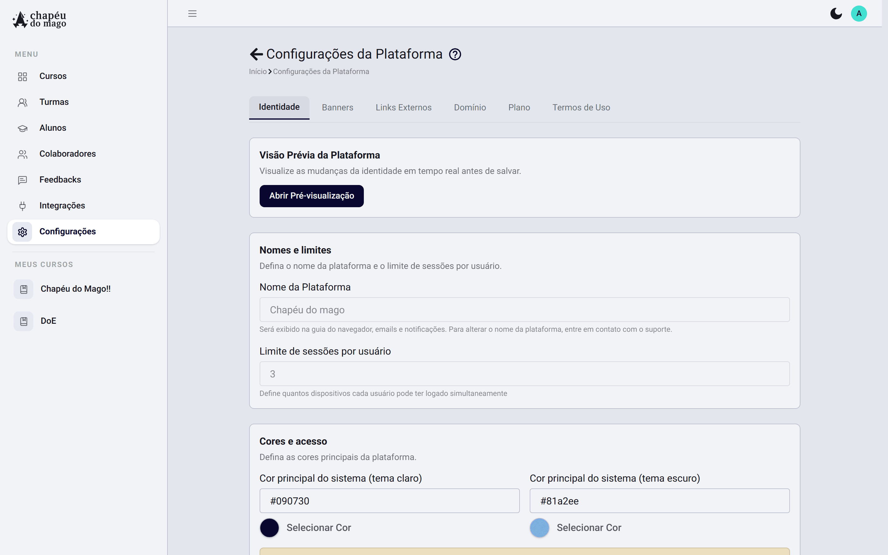 Configurações de marca da plataforma